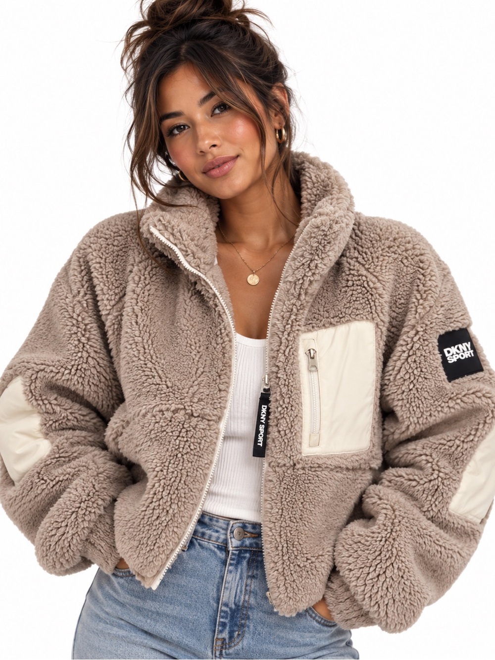 DKNY SPOR Taupe Sherpa Jacket with Contrast Pockets